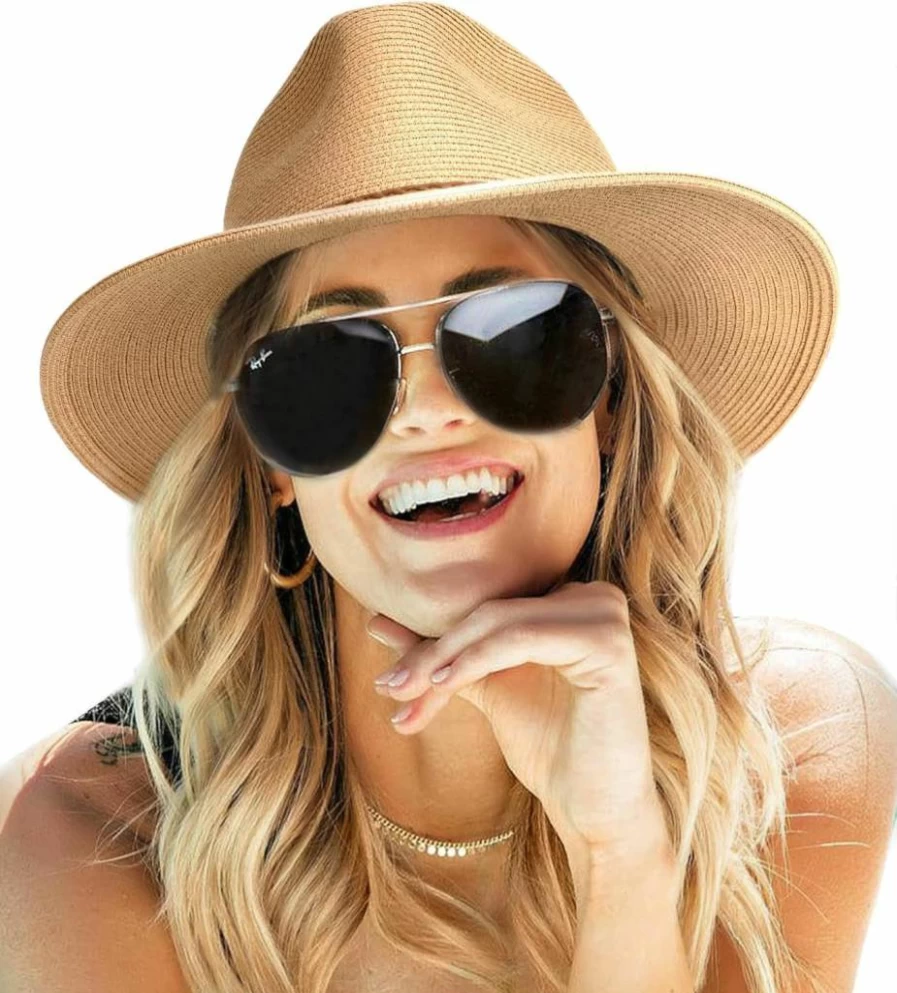FURTALK Women's Summer Wide Brim UPF 80+ Straw Fedora Hat - Foldable Packable Panama Beach Sun Hat for UV Protection