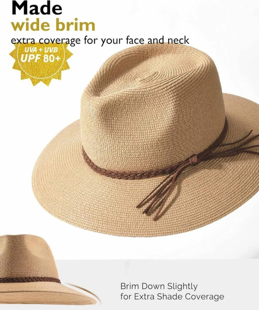 FURTALK Women's Summer Wide Brim UPF 80+ Straw Fedora Hat - Foldable Packable Panama Beach Sun Hat for UV Protection