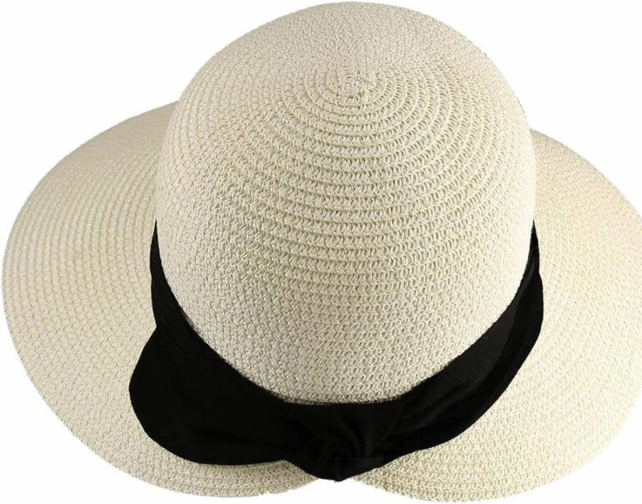 Surblue Women's Foldable Wide Brim Straw Sun Hat UPF 50+ Panama Fedora Beach Cap for Travel