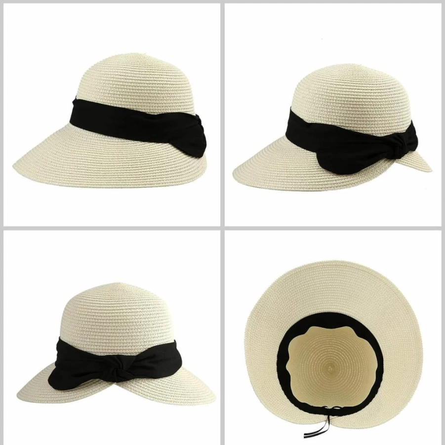 Surblue Women's Foldable Wide Brim Straw Sun Hat UPF 50+ Panama Fedora Beach Cap for Travel