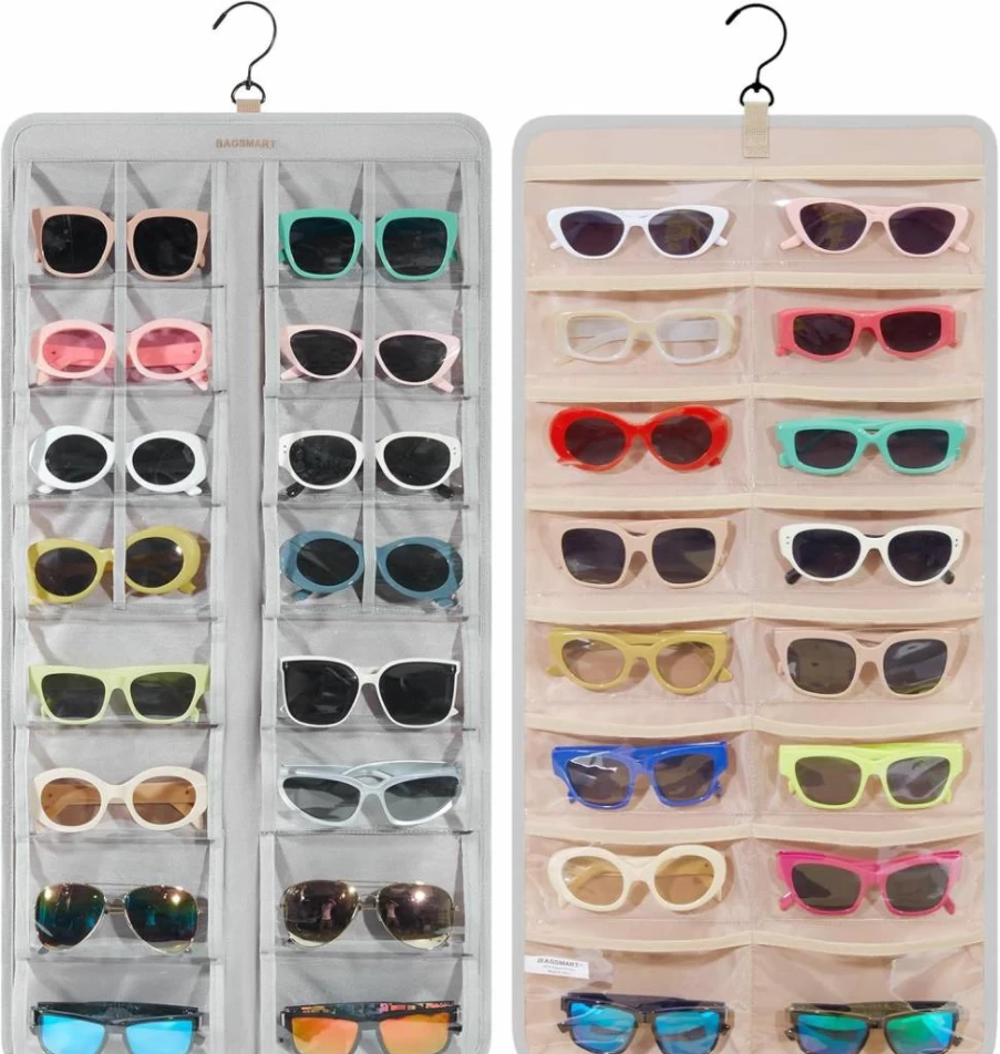 BAGSMART Wall Mounted Jewelry Organizer with 32 Clear Slots - Dual Sided Travel Sunglasses Case, Dust Proof Eyeglasses Holder & Metal Hook, Black Hanging Storage for Multiple Pairs