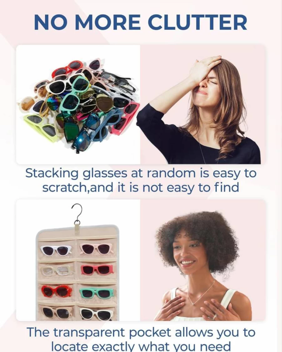 BAGSMART Wall Mounted Jewelry Organizer with 32 Clear Slots - Dual Sided Travel Sunglasses Case, Dust Proof Eyeglasses Holder & Metal Hook, Black Hanging Storage for Multiple Pairs