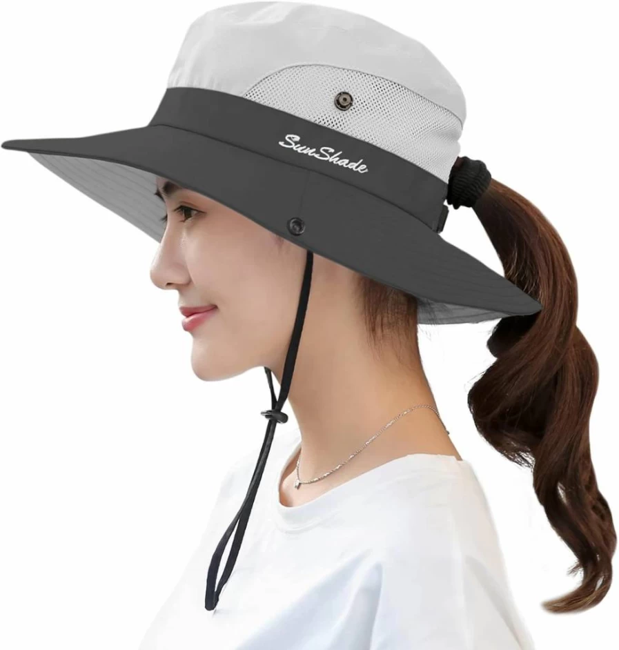 Muryobao Women's UV Protection Wide Brim Sun Hat - Foldable Mesh Ponytail Beach Hat for Fishing & Outdoor Activities