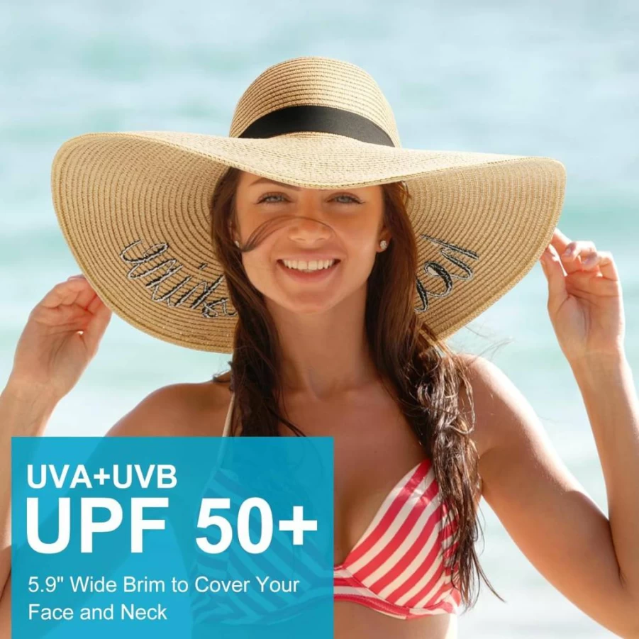 DRESHOW Women's Wide Brim Straw Sun Hat - UPF 50+ Foldable Floppy Beach Hat for Summer