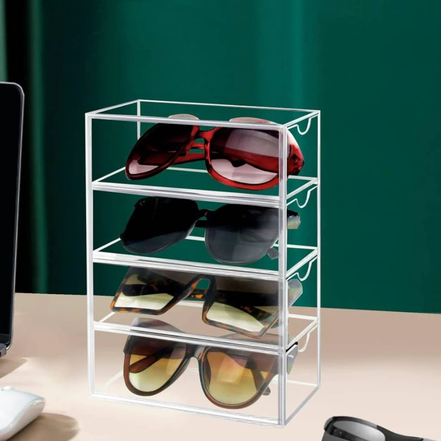 Tasybox Acrylic Sunglasses Organizer - 4-Drawer Clear Eyeglass Storage Case for Men & Women, Durable Eyewear Display Holder