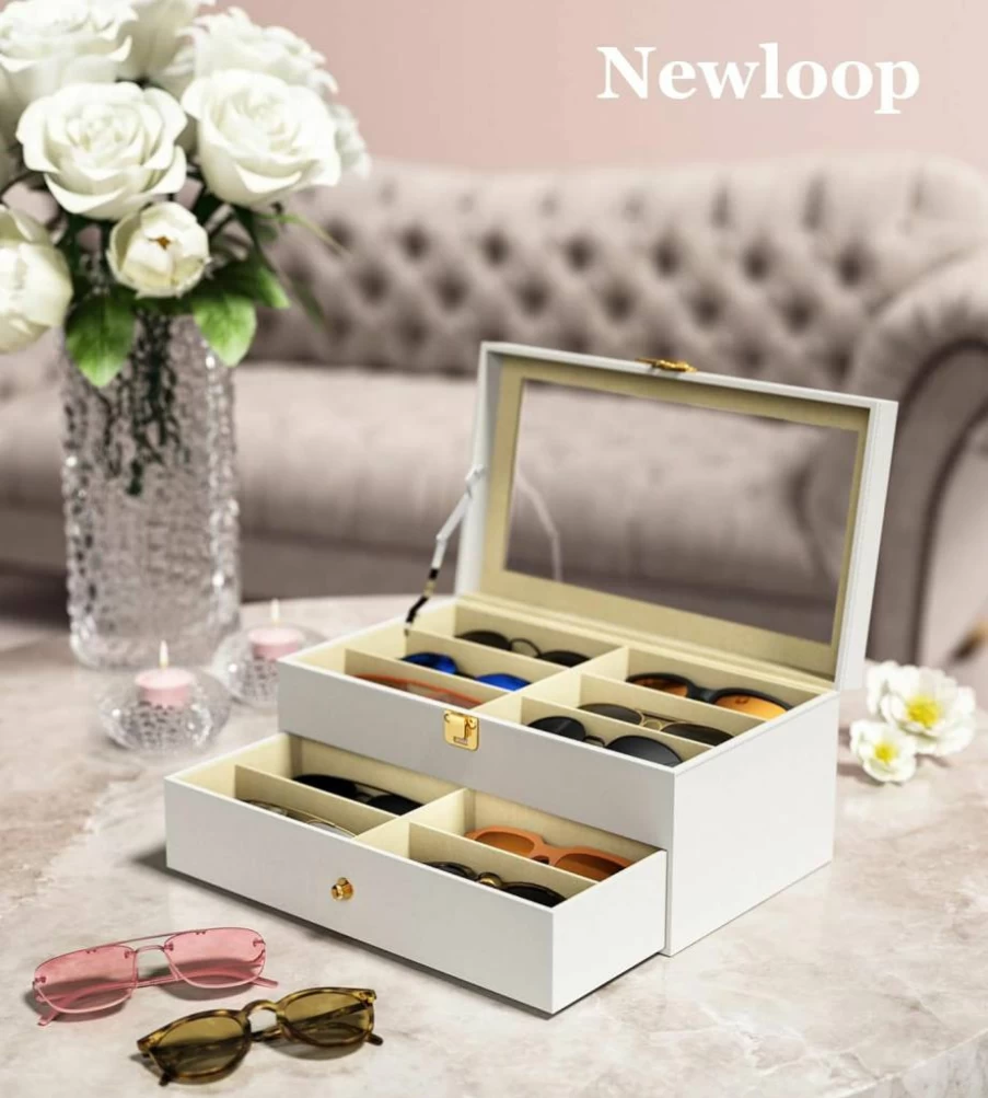 NEWLOOP 12/16 Slot Sunglasses Storage Box - Hard Shell Glasses Organizer & Display Case for Women and Men