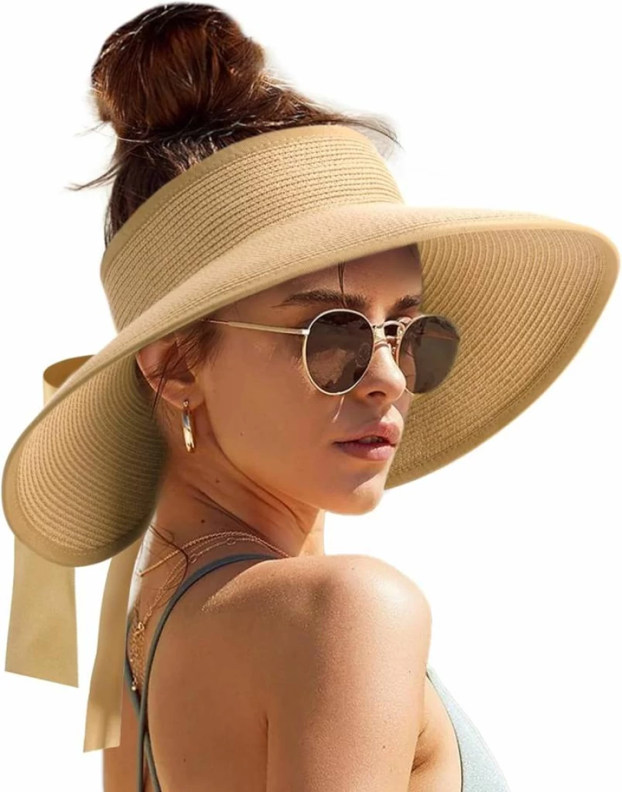 Camptrace Women's Wide Brim Straw Sun Visor Hat - UPF 80+ Foldable Ponytail Beach Hat for Summer Outdoor Activities