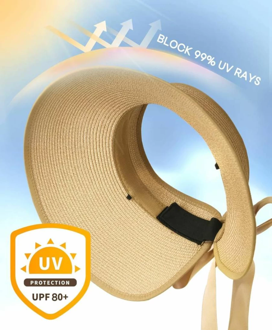 Camptrace Women's Wide Brim Straw Sun Visor Hat - UPF 80+ Foldable Ponytail Beach Hat for Summer Outdoor Activities
