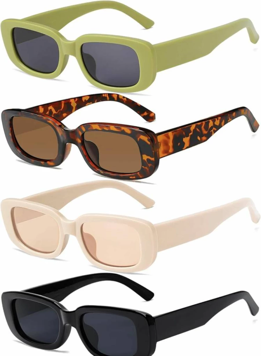 Tskestvy Retro Vintage Sunglasses for Women - 4-Piece Small Square Rectangle 90s Y2K Trendy Aesthetic Eyewear Accessories