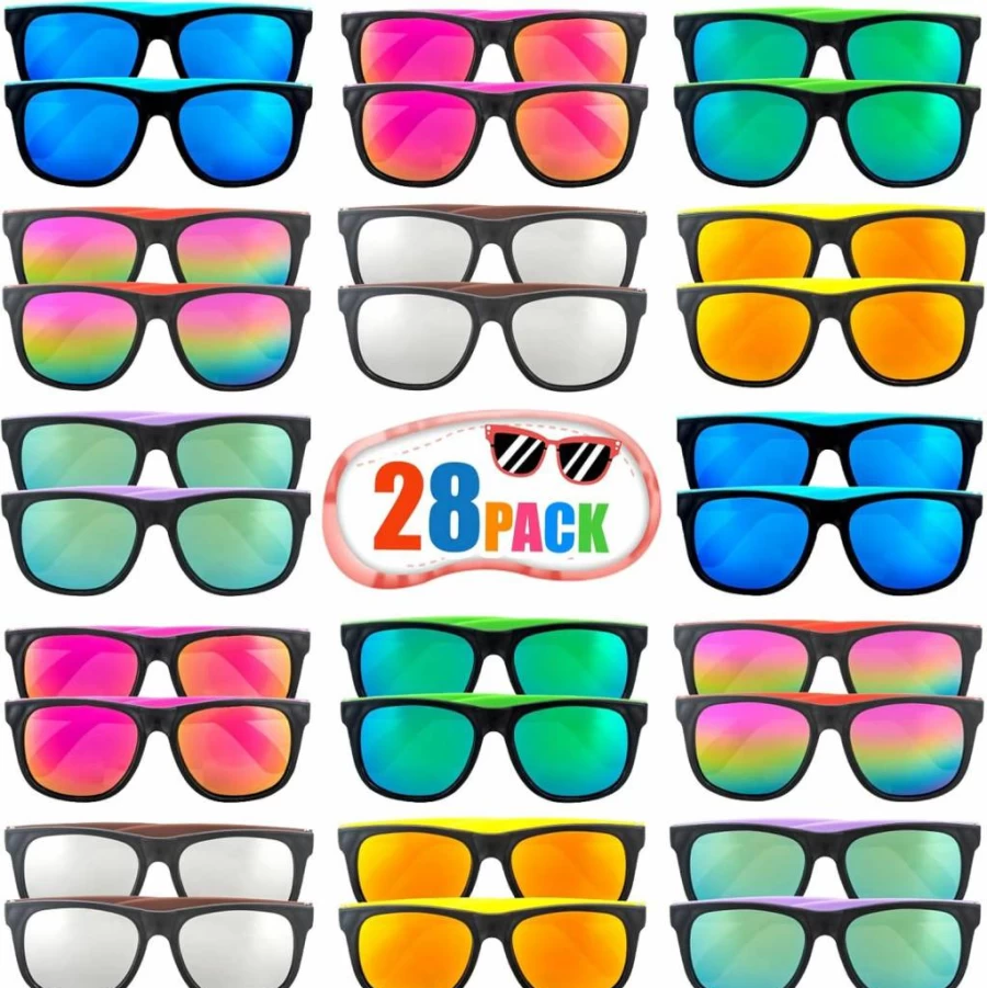 LianMan Toys 28 Pack Neon 80'S Retro Sunglasses - 7 Color Bulk Party Sunglasses for Adults & Teens, Summer Pool, Beach, Birthday, Graduation Outdoor Party Favors & Goody Bag Supplies