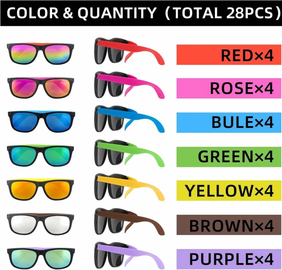 LianMan Toys 28 Pack Neon 80'S Retro Sunglasses - 7 Color Bulk Party Sunglasses for Adults & Teens, Summer Pool, Beach, Birthday, Graduation Outdoor Party Favors & Goody Bag Supplies