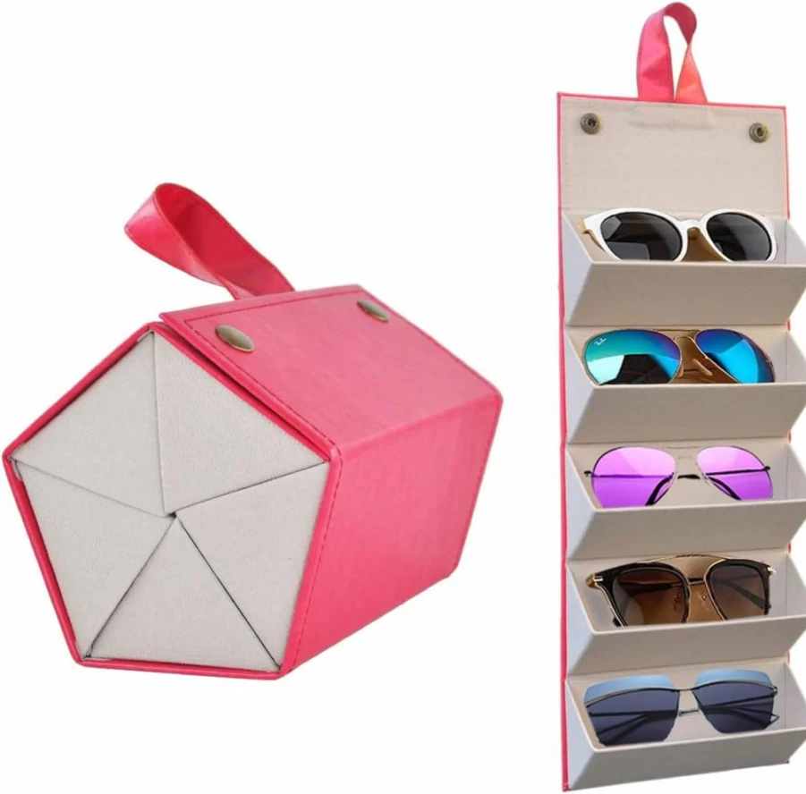 Kenpal Foldable Beige Sunglasses Case - 5 Slot Travel Organizer Holder for Multiple Glasses Storage