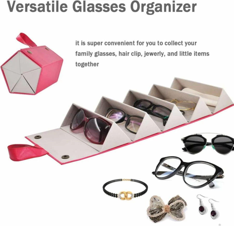 Kenpal Foldable Beige Sunglasses Case - 5 Slot Travel Organizer Holder for Multiple Glasses Storage