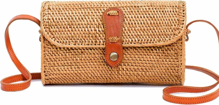 Novum Crafts Handmade Rattan Purse for Women - Boho Woven Straw Bag in Circle, Square & Oval Shapes - Brown Ata Wicker Tote