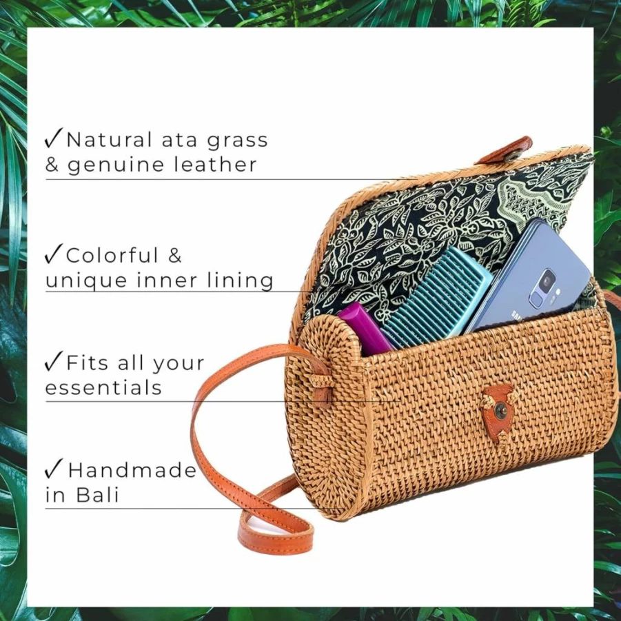 Novum Crafts Handmade Rattan Purse for Women - Boho Woven Straw Bag in Circle, Square & Oval Shapes - Brown Ata Wicker Tote