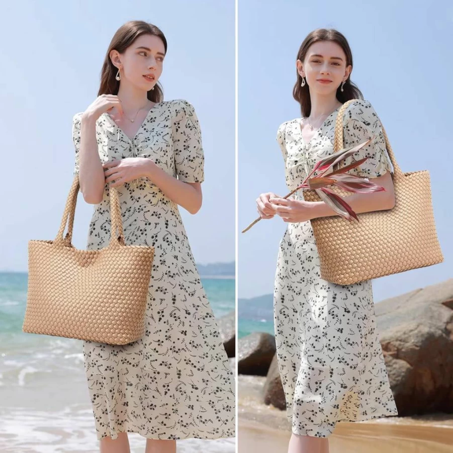 BOYATU Vegan Leather Woven Tote Bag for Women - Large Summer Beach Shoulder Handbag, Fashion Travel Purse