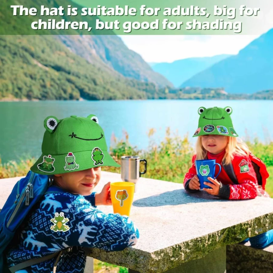 Syhood Foldable Wide Brim Bucket Hat for Summer - Fishing Sun Hat with 50 Stickers (Frog, Cow & Flamingo Designs)