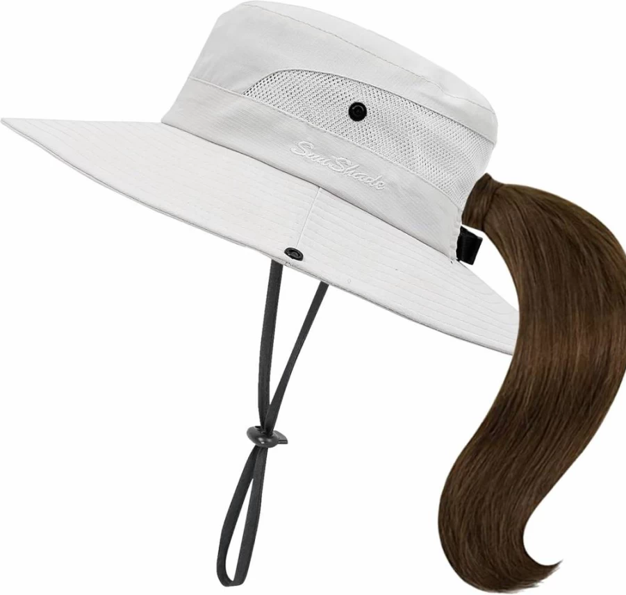 IZUS Women's UV Protection Wide Brim Summer Bucket Hat with Ponytail Hole - Breathable Mesh Classic Outdoor Sun Hat for Beach, Golf, Travel