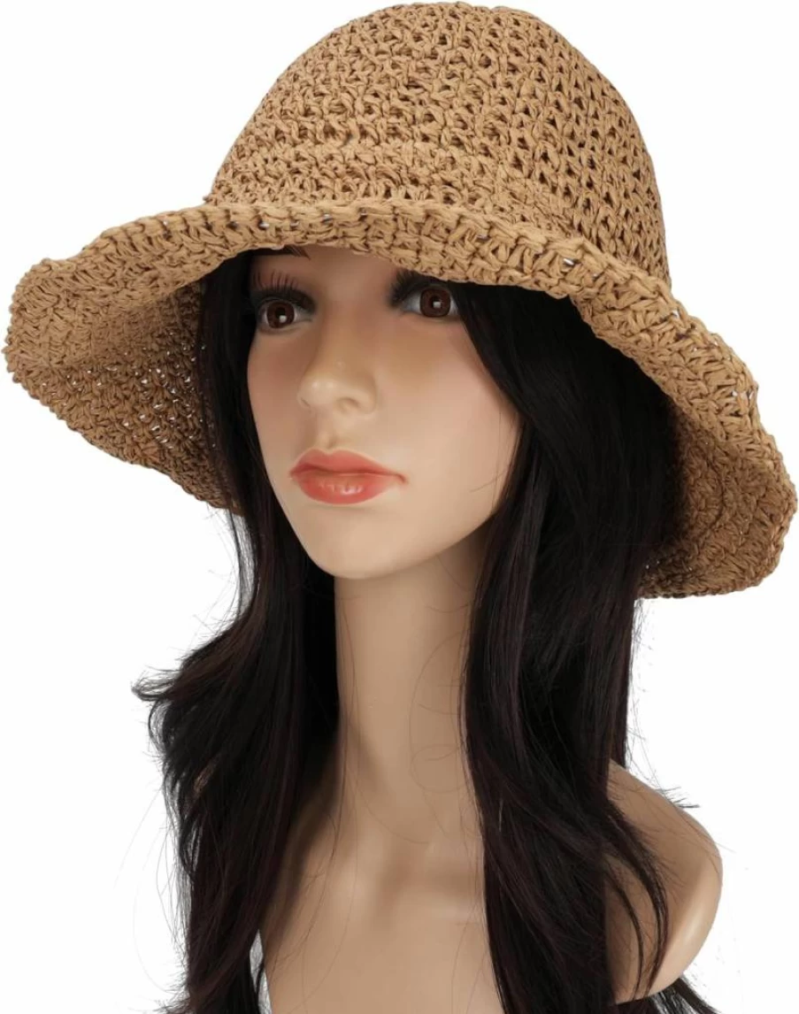 Voilipex Women's Floppy Straw Sun Hat - Foldable Packable Wide Brim Beach Hat for Summer, Crochet Bucket Hat