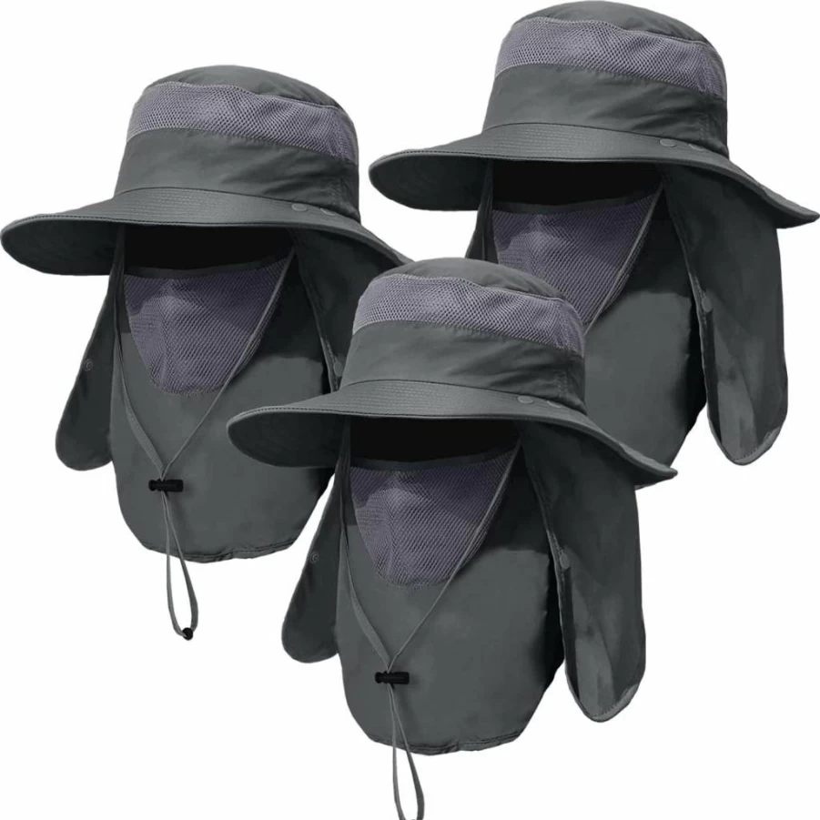 KIRAAT 3 Pack UPF 50+ Sun Protection Hat for Men, Wide Brim Fishing Cap with Face & Neck Flap, Outdoor Hiking, Gardening, Beach & Summer Activities