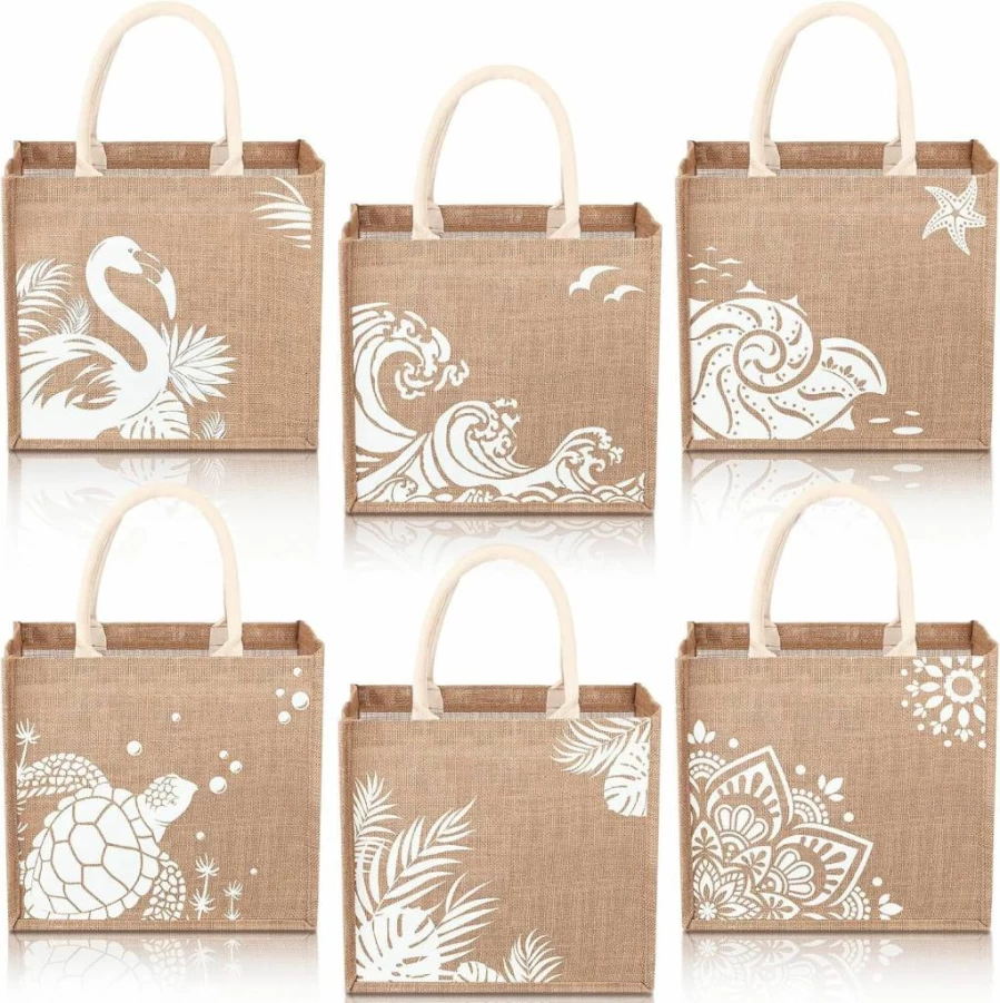 Coume 6 Pack Natural Jute Beach Tote Bags - 14.2x12.6x7.5 Inch Large DIY Burlap Gift Bags for Bridesmaid, Wedding, Shopping (White)