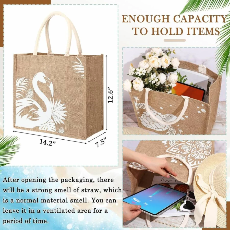 Coume 6 Pack Natural Jute Beach Tote Bags - 14.2x12.6x7.5 Inch Large DIY Burlap Gift Bags for Bridesmaid, Wedding, Shopping (White)