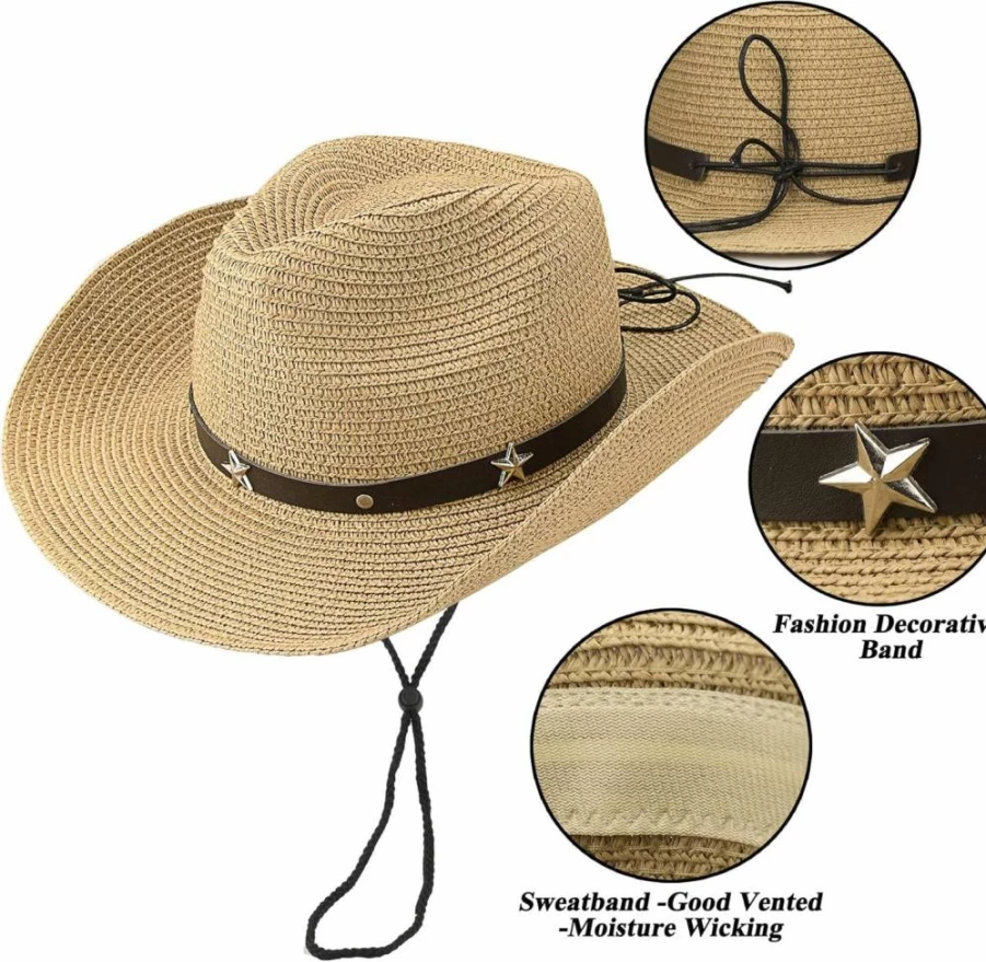 KorhLeoh Women's & Men's Summer Straw Cowboy Hat - Wide Brim Floppy Fedora for Beach, Sun Protection & Shapeable Panama Style