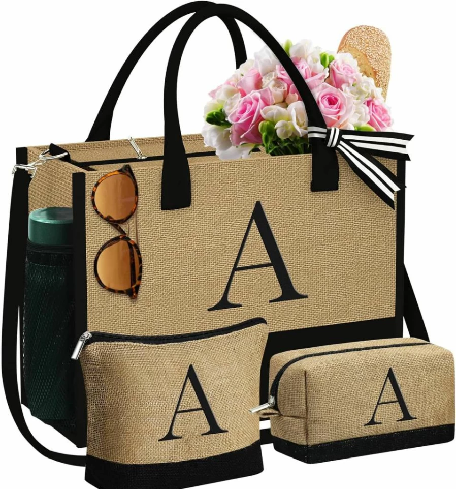 YOOLIFE Personalized Initial Jute Tote Bag with 2 Makeup Bags - Custom Birthday Gifts for Women, Mom, Teacher, Friend