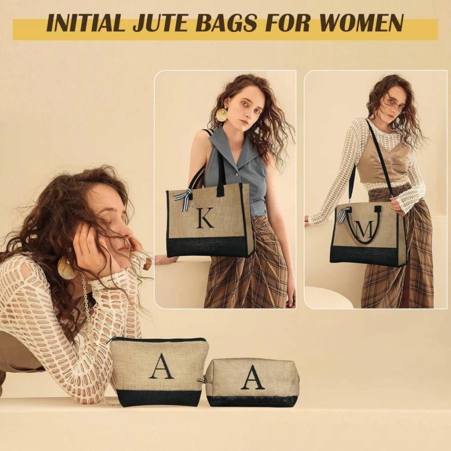 YOOLIFE Personalized Initial Jute Tote Bag with 2 Makeup Bags - Custom Birthday Gifts for Women, Mom, Teacher, Friend