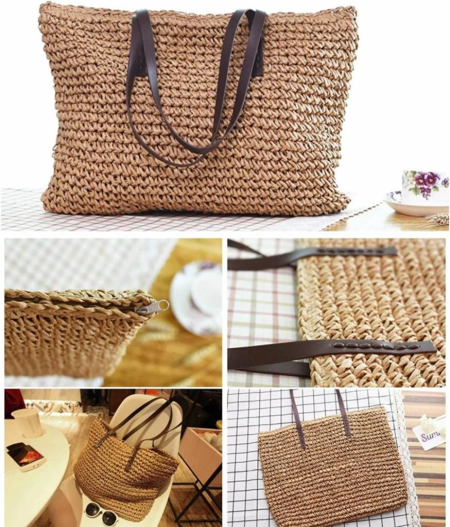 Ayliss Women's Handmade Straw Woven Tote Bag - Large Beach Shoulder Purse, Natural Weaving Handbag for Summer
