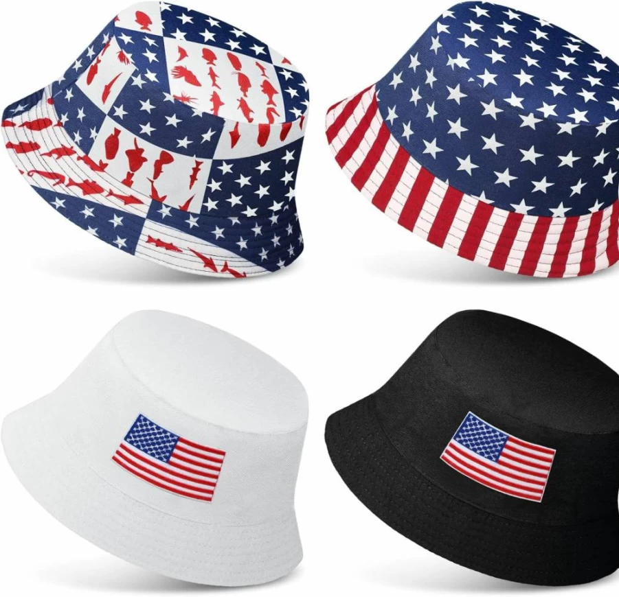 Thenshop 4 Pack Reversible Bucket Hats - American Flag & Solid Color Double Sided Summer Hats for Men & Women, Cotton Packable Fisherman Hat for Outdoor Activities