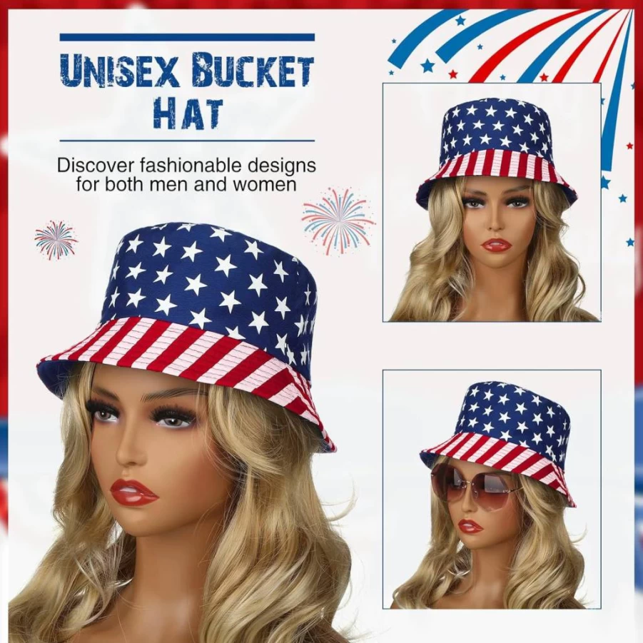 Thenshop 4 Pack Reversible Bucket Hats - American Flag & Solid Color Double Sided Summer Hats for Men & Women, Cotton Packable Fisherman Hat for Outdoor Activities