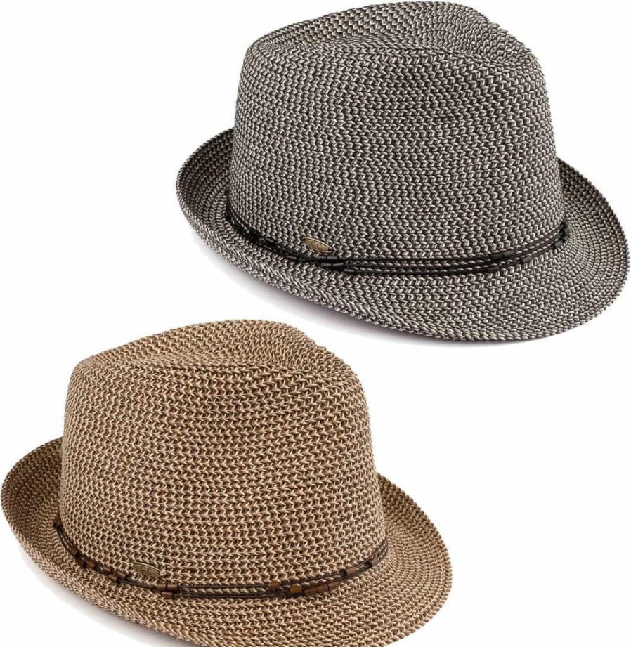 Funky Junque Women's UPF 50+ Short Brim Straw Fedora Sun Hat - Stylish Woven Pattern Summer Beach Hat
