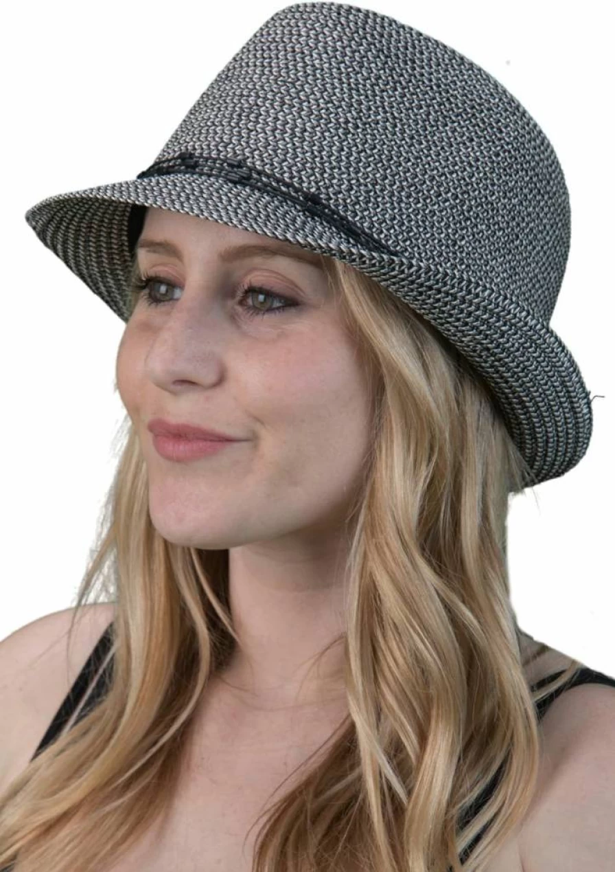 Funky Junque Women's UPF 50+ Short Brim Straw Fedora Sun Hat - Stylish Woven Pattern Summer Beach Hat