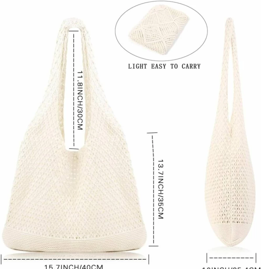 COOKOOKY Crochet Mesh Beach Tote Bag for Women - Hippie Knit Summer Bag Aesthetic Handmade Yarn Beach Tote