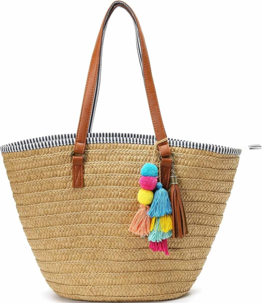 Epsion Straw Beach Bag with Tassels and Pom Poms - Handwoven Summer Tote Hobo Shoulder Purse for Women