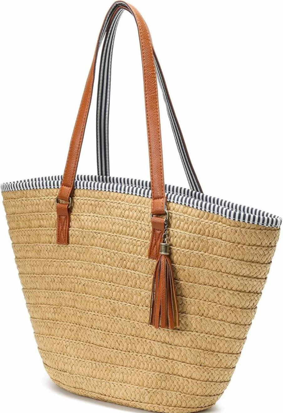Epsion Straw Beach Bag with Tassels and Pom Poms - Handwoven Summer Tote Hobo Shoulder Purse for Women