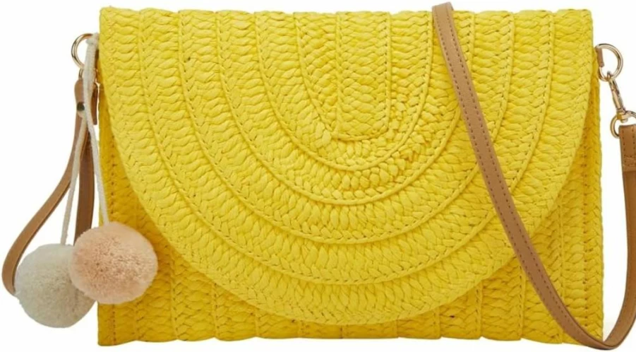 Obosoyo Women's Straw Clutch Bag Hand-Woven Crossbody Purse with Pompom Detail Summer Beach Envelope Wallet Boho Chic Accessory