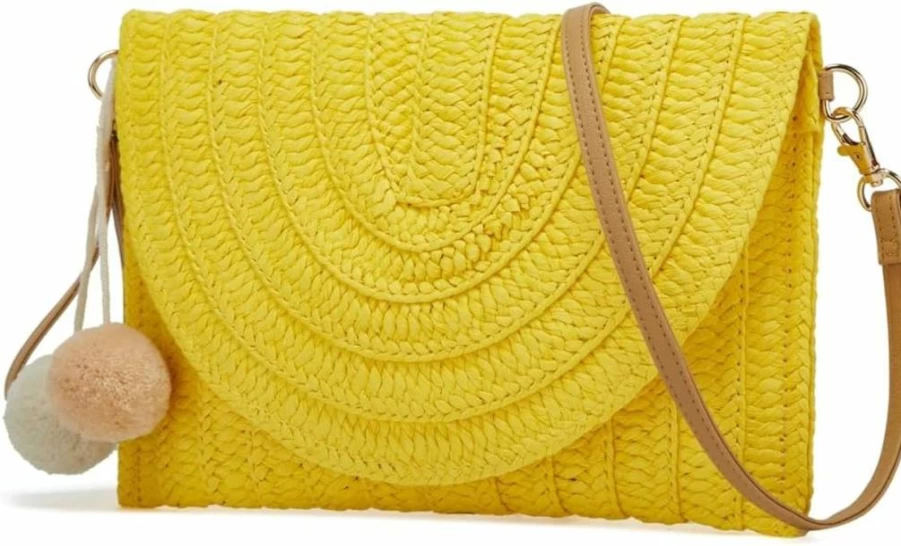 Obosoyo Women's Straw Clutch Bag Hand-Woven Crossbody Purse with Pompom Detail Summer Beach Envelope Wallet Boho Chic Accessory