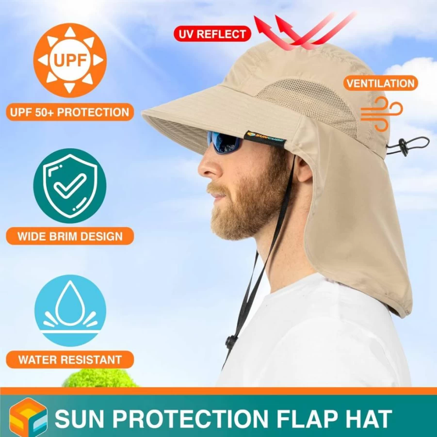 SUN CUBE UPF50+ Wide Brim Sun Hat with Neck Flap for Men & Women - Hiking, Safari, Fishing & Beach Sun Protection Hat
