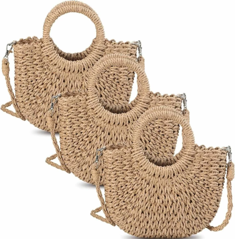 Oudain 3-Piece Woven Rattan Handbag Set - Women's Bohemian Beach Tote, Crossbody Purse & Mini Clutch for Summer, Handmade Straw Bag with Top Handle