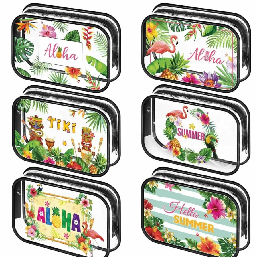 Capoda 6-Piece Hawaiian Toiletry Bag Set - Transparent Waterproof PVC Cosmetic Travel Pouches for Women, Beach Vacation Essentials in 6 Aloha Styles