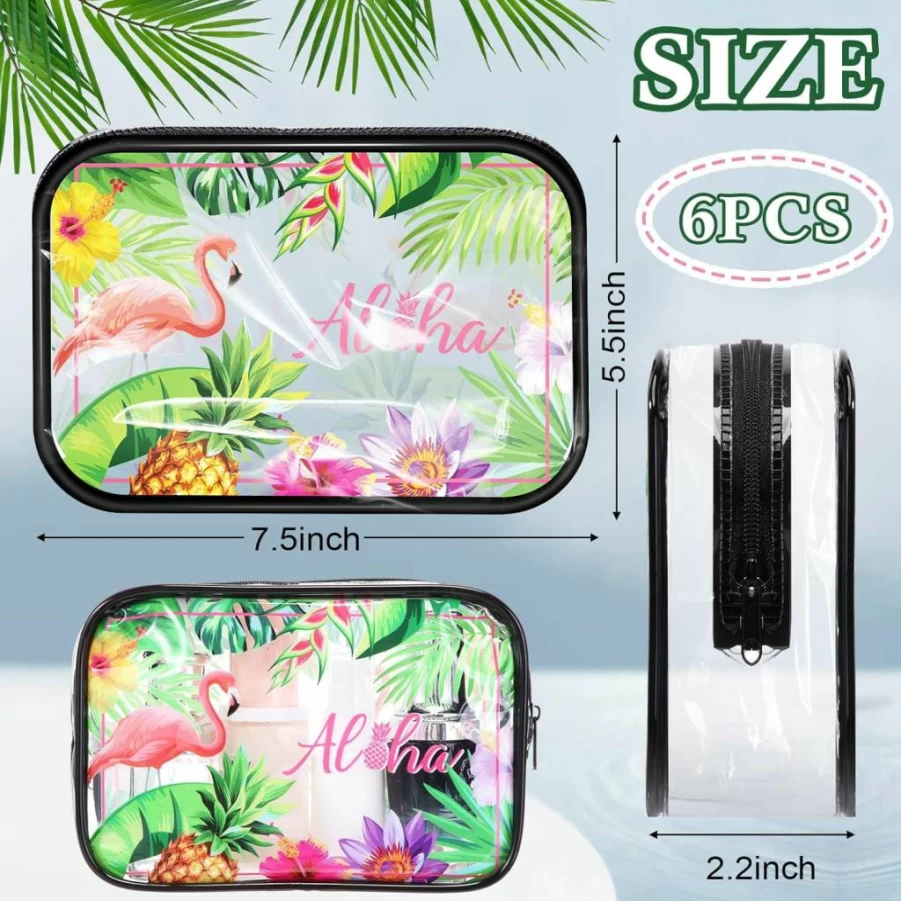 Capoda 6-Piece Hawaiian Toiletry Bag Set - Transparent Waterproof PVC Cosmetic Travel Pouches for Women, Beach Vacation Essentials in 6 Aloha Styles