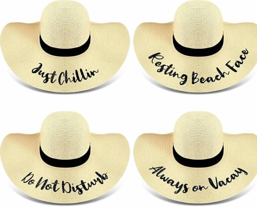 Didaey 4 Pack Floppy Straw Hats for Women - Embroidered Wide Brim Foldable Beach Hat for Summer Travel