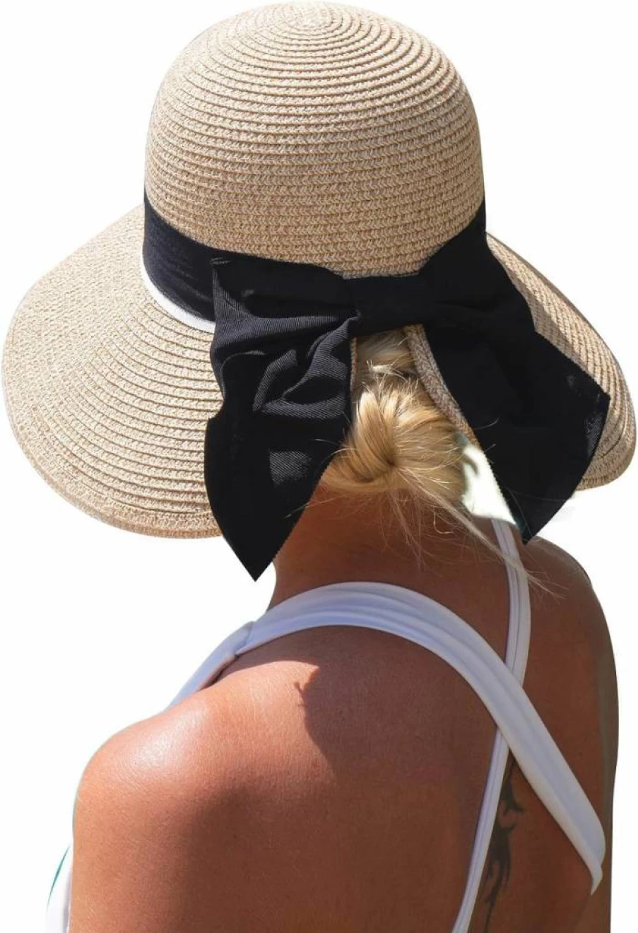 SIGGI Women's Summer Wide Brim Fedora Hat UPF 50+ Packable Straw Beach Sun Hat in Beige, Medium M