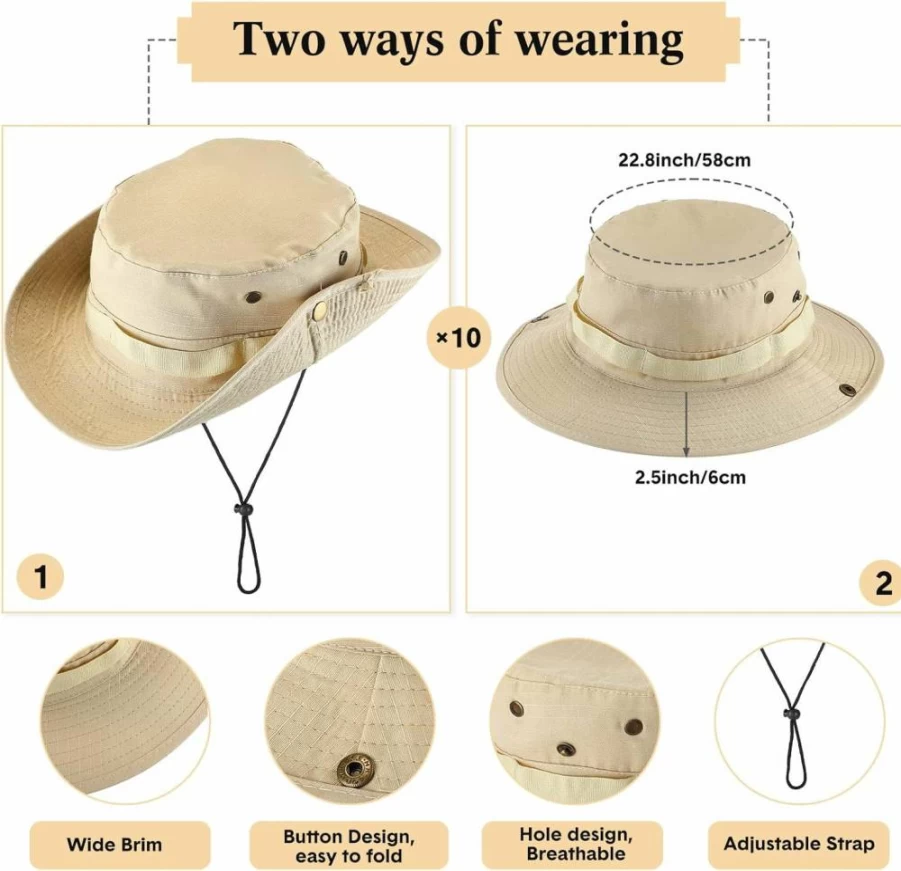 Xtinmee 10-Pack Unisex Wide Brim Bucket Hats with Chin Strap for Outdoor Activities - Summer Sun Protection for Hiking, Fishing & Safari