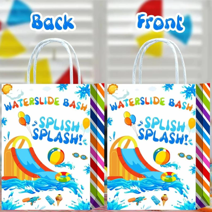Tyndallrays 16-Pack Water Slide Party Goodie Bags with Handles - Splash Theme Birthday Favors for Kids, Summer Pool Party Decor, Candy Snack Treat Bags