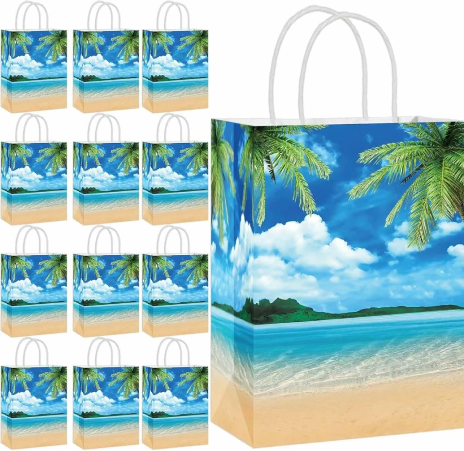 CHUNNIN 12-Pack Hawaiian Summer Beach Party Gift Bags - Tropical Luau Theme Paper Bags for Kids Birthday, Baby Shower & Ocean-Themed Favors