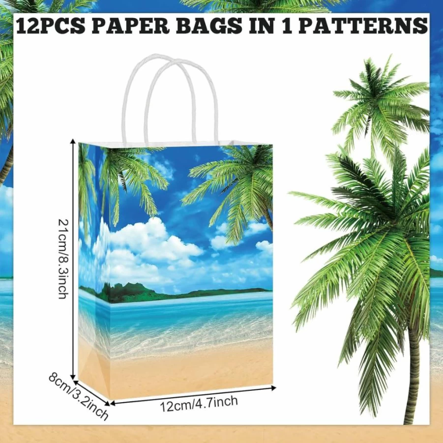 CHUNNIN 12-Pack Hawaiian Summer Beach Party Gift Bags - Tropical Luau Theme Paper Bags for Kids Birthday, Baby Shower & Ocean-Themed Favors
