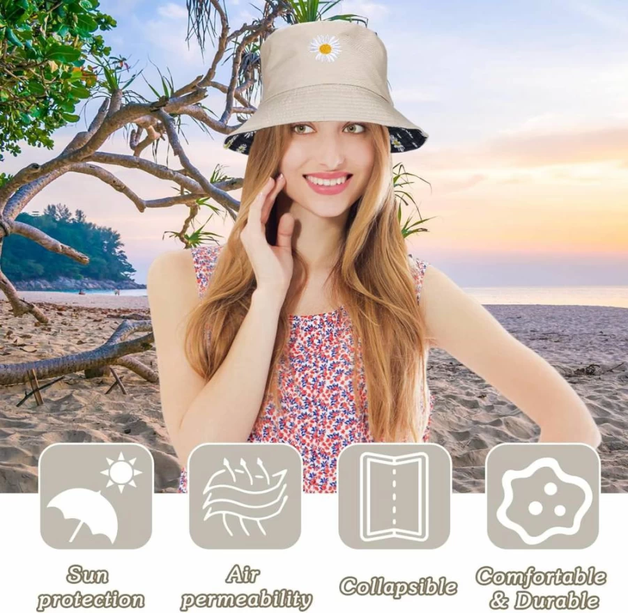 Zkptops Women's Reversible Cotton Bucket Hat – Summer Beach Travel Sun Hat for Fishing & Outdoor Activities